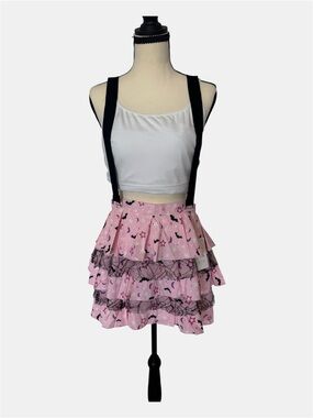 Little for Big Pink Tiered Ruffle Mini Skirt with Lace Trim and Suspenders